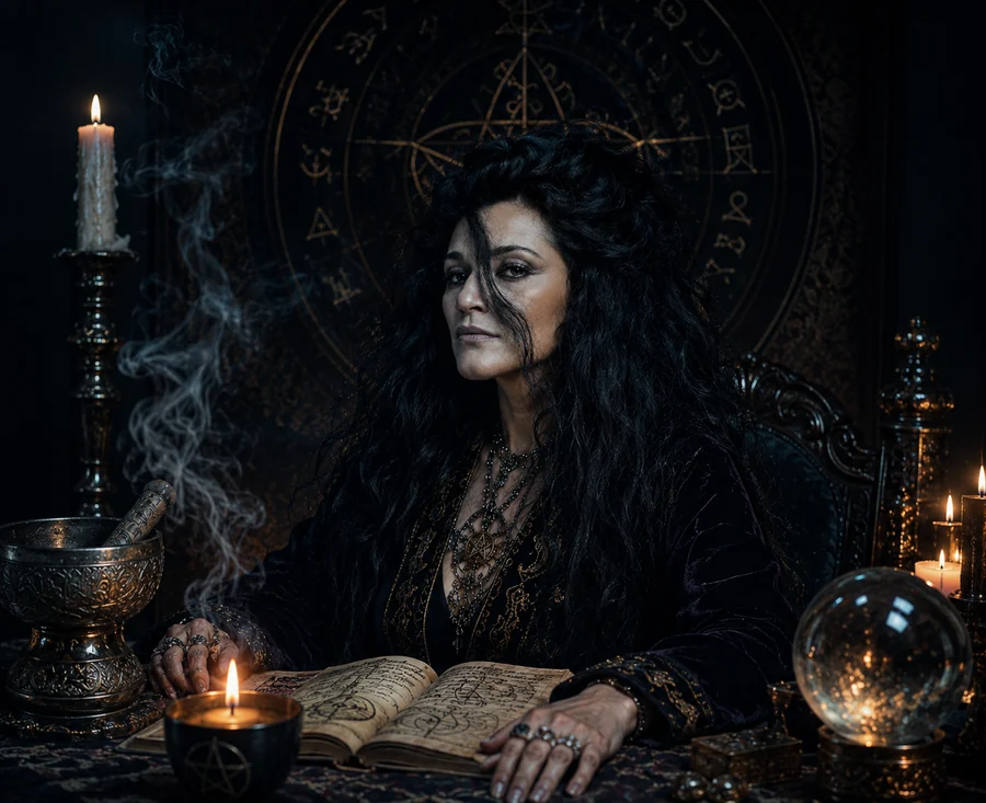 High Priestess Camilla seated at her occult study altar